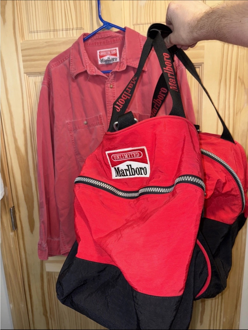 Vintage Marlboro Adventure Team Shirt XL Denim + Red Black Duffle Bag 90s Promo